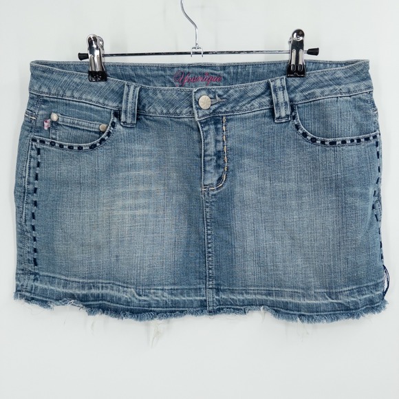 Younique Dresses & Skirts - Y2K Younique Blue Denim Micro Mini Skirt Size 8 Raw Hem Low Rise Western Boho